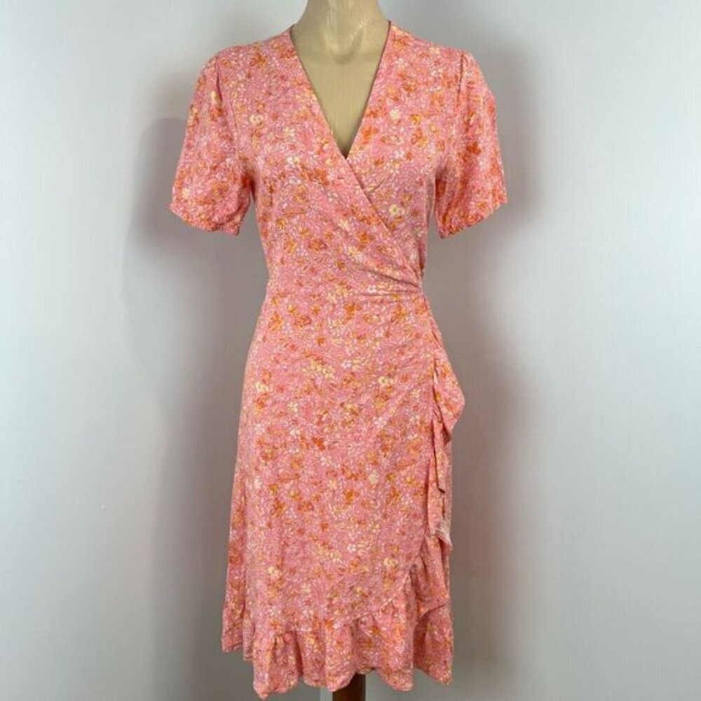 Part Two 2 Women’s 40 US Medium Pink Floral Short Sleeve Wrap Midi Dress Summer